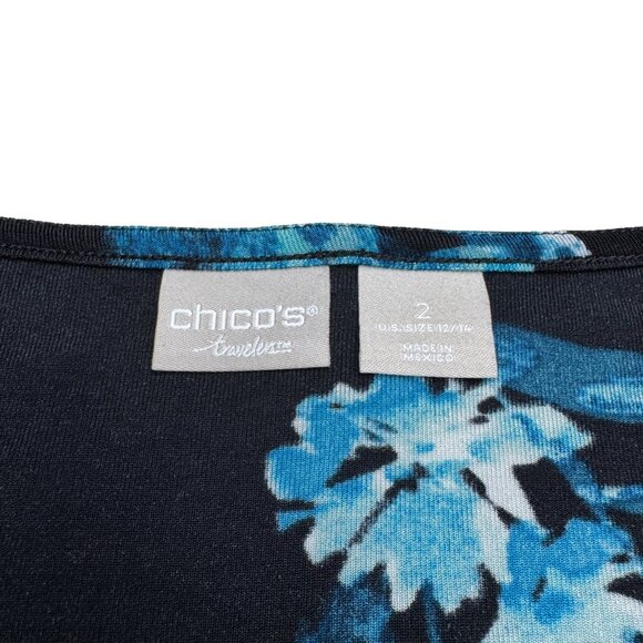 Chico's Travelers Black & Blue Floral Long Sleeve V-Neck Blouse Top Size 2 /US L - Picture 6 of 8